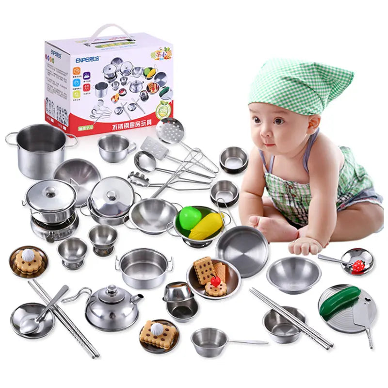 25Pcs Children Stainless Steel Pretend Play Food Kitchen Cookware Set Toy Mini Cooking Game Pot  Shovel Tinplate Kid Kitchen Toy