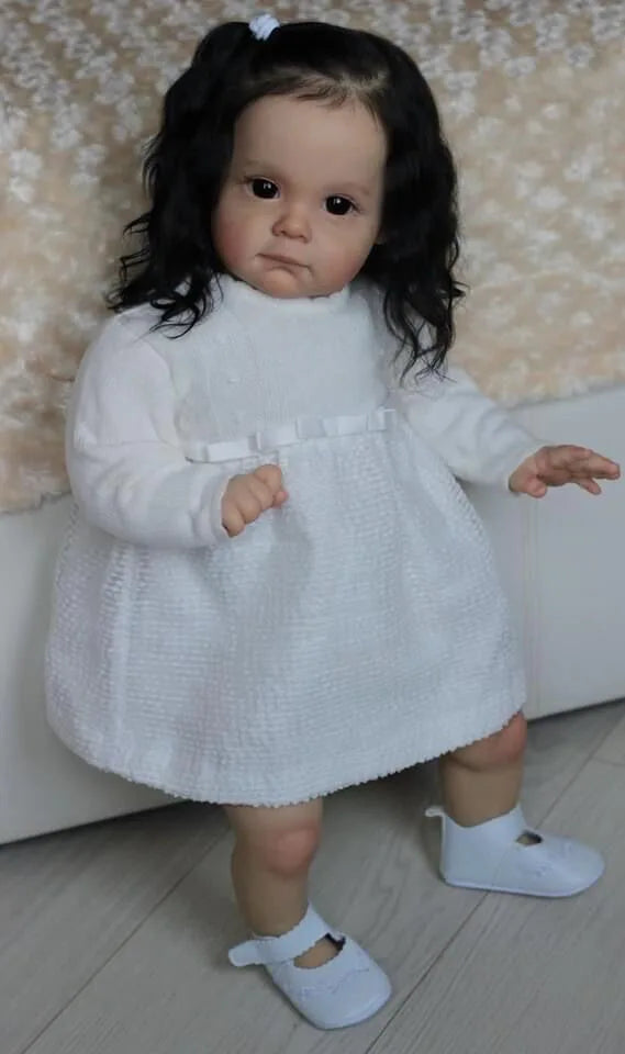NPK 60CM Bebe Doll Reborn Toddler Maggi in Black Rooted Hair Soft Touch 3D Skin with Visible Veins High Quality Art Doll