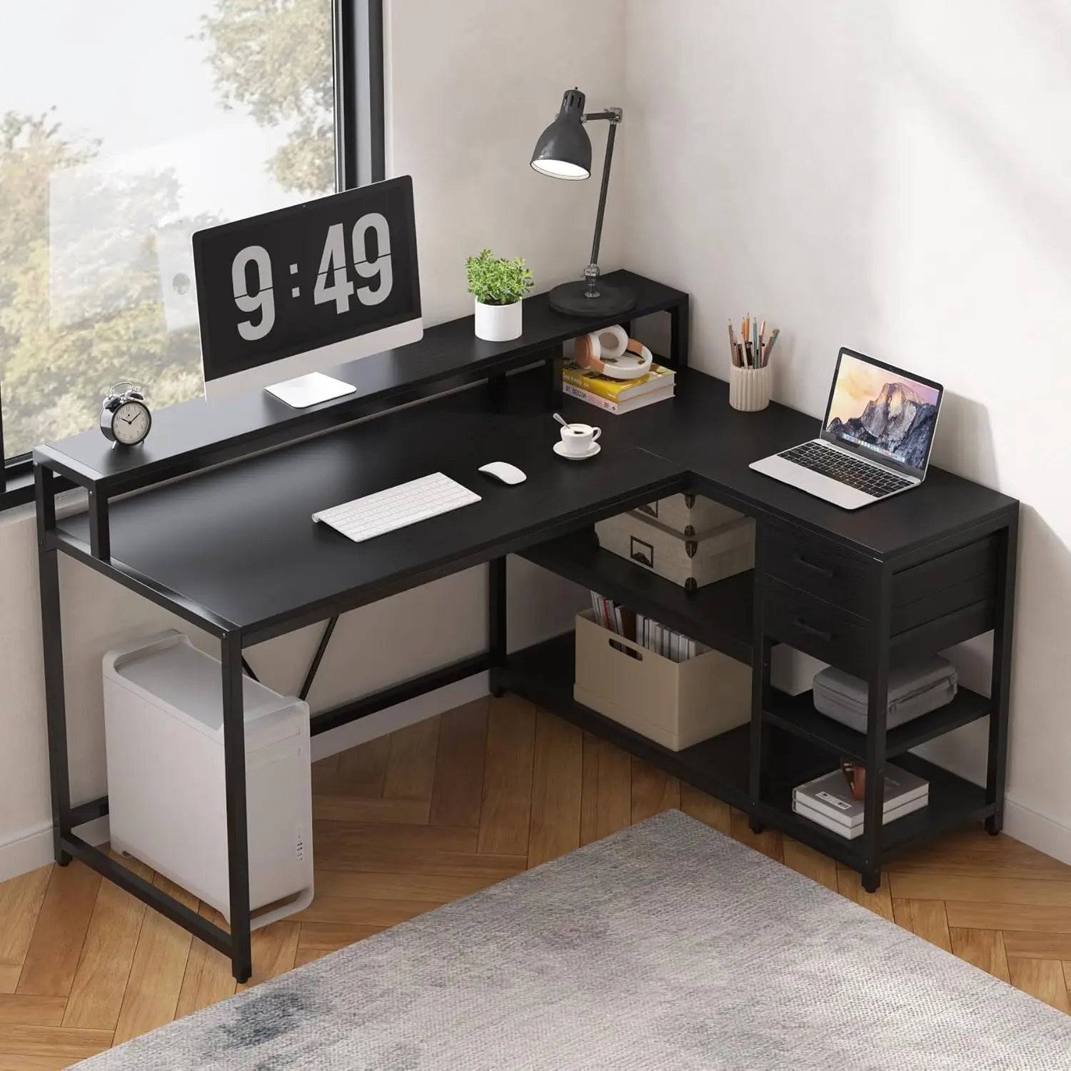 L Shaped Desk with Drawers and Storage Shelves, Home Office L Corner Desk with Monitor Stand, 55" x 24" Desktop Computer Desk