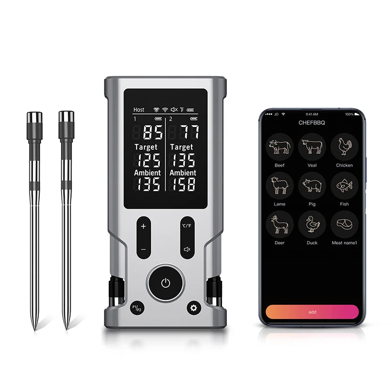 Wireless Meat Thermometer Digital Bluetooth Food Thermometer 2 Probe with LCD Display for Grill, Smoker, Air Fryer, Rotisserie