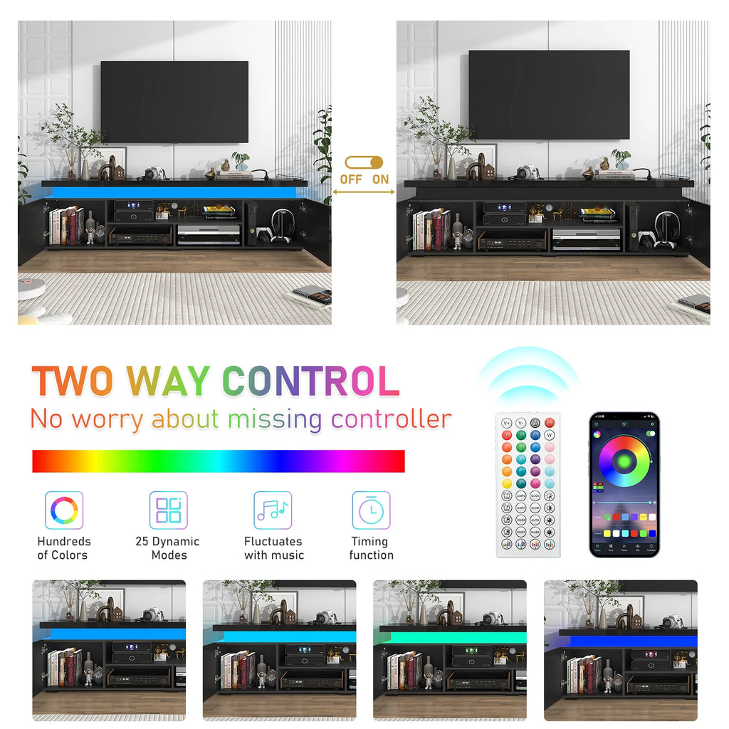 74'' LED TV Stand for Televisions up to 65'' Modern TV Cabinet with Power Outlet, High Gloss Entertainment Center with Storage