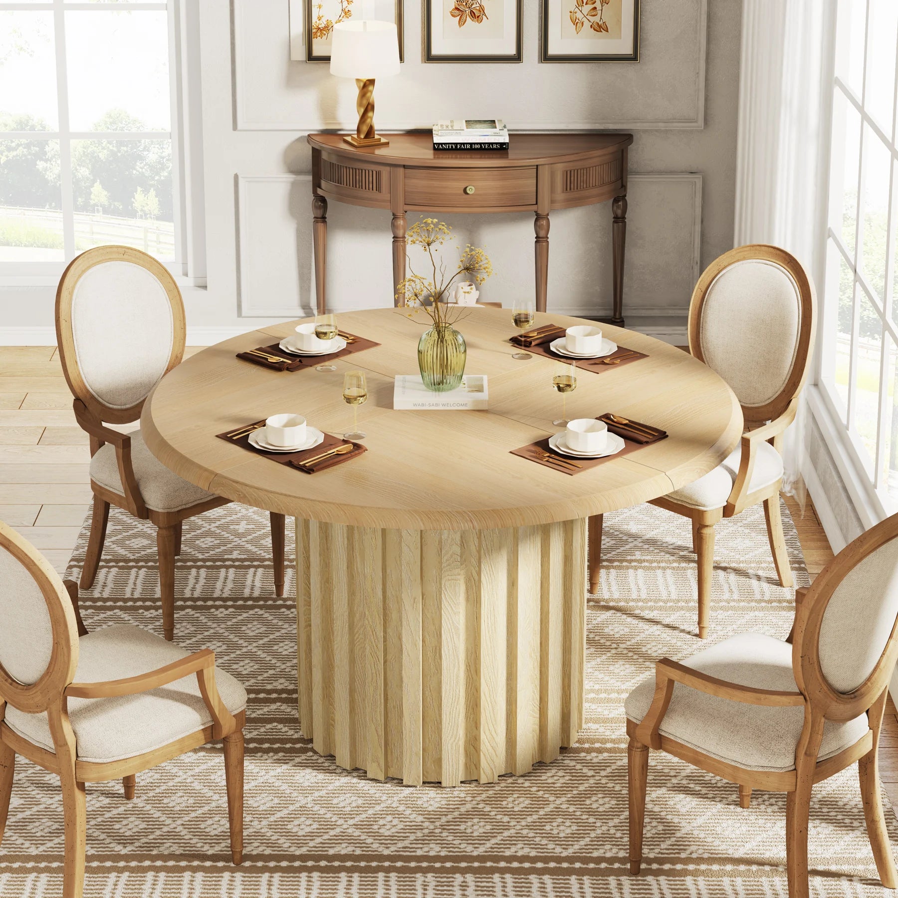 LITTLE TREE Oval Dining Table for 6 People, 55.11-Inch Farmhouse Kitchen Dinner Table with Cylindrical Pedestal
