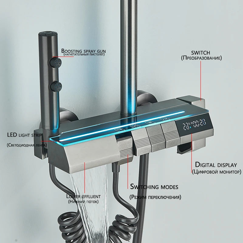 4 Piano Button Function Smart Digital Display LED Cold Hot Shower Faucet with 3 Modes Handshower 2 Modes Booster Spray Gun