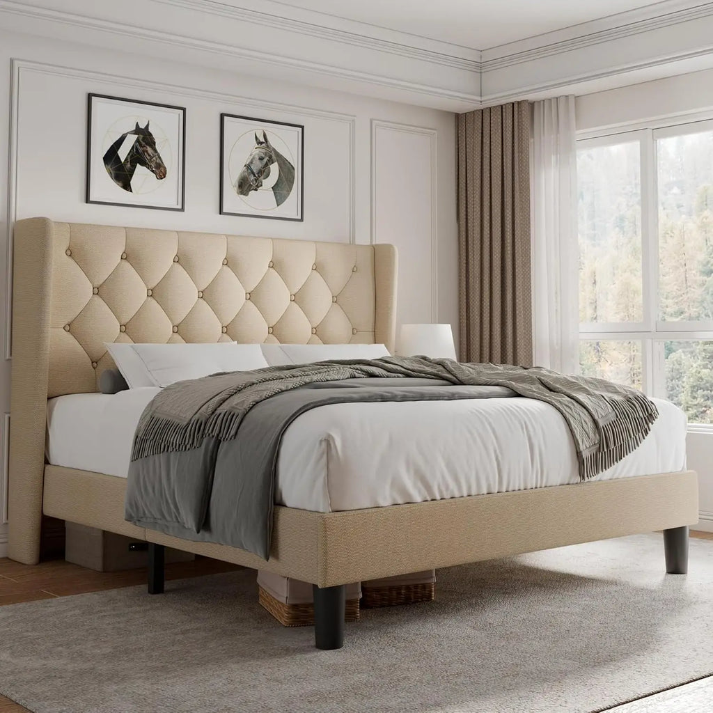 Velvet Platform Bed Frame with Button Tufted Headboard, Upholstered Bed Frame with Solid Wooden Slats, 8" Underbed Space