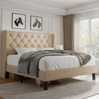 Velvet Platform Bed Frame with Button Tufted Headboard, Upholstered Bed Frame with Solid Wooden Slats, 8" Underbed Space