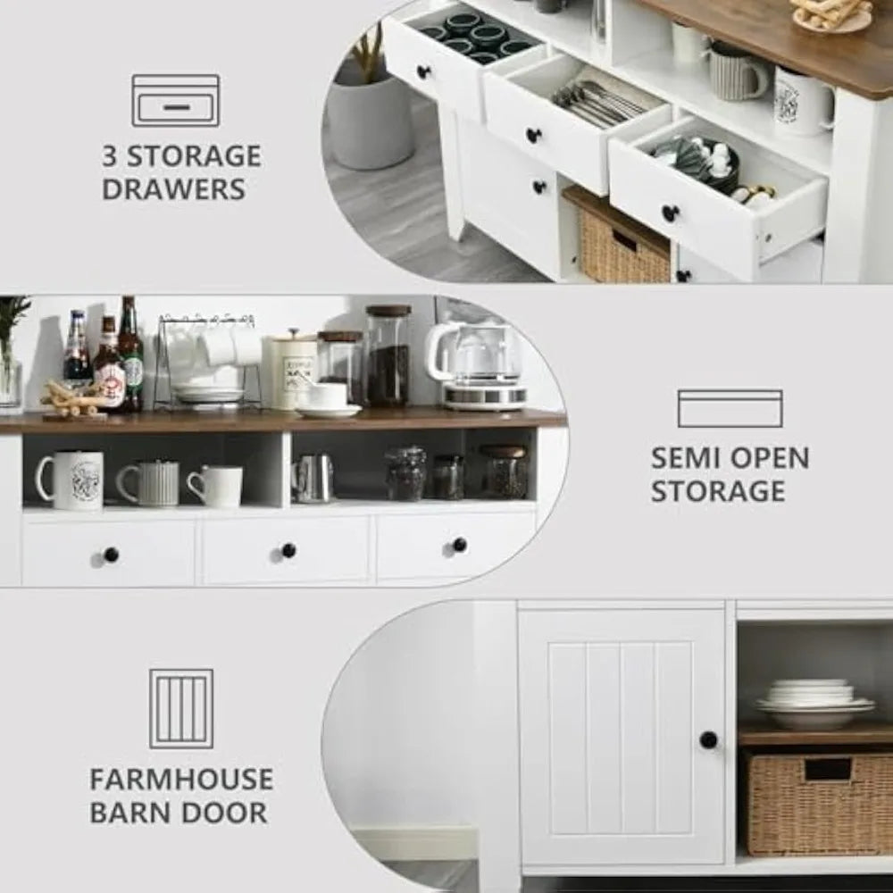 Farmhouse Coffee Bar Cabinet with Storage, 47 Inch Coffee Bar with 3 Drawers & 2 Doors, White Buffet Cabinet with Open Shelf,