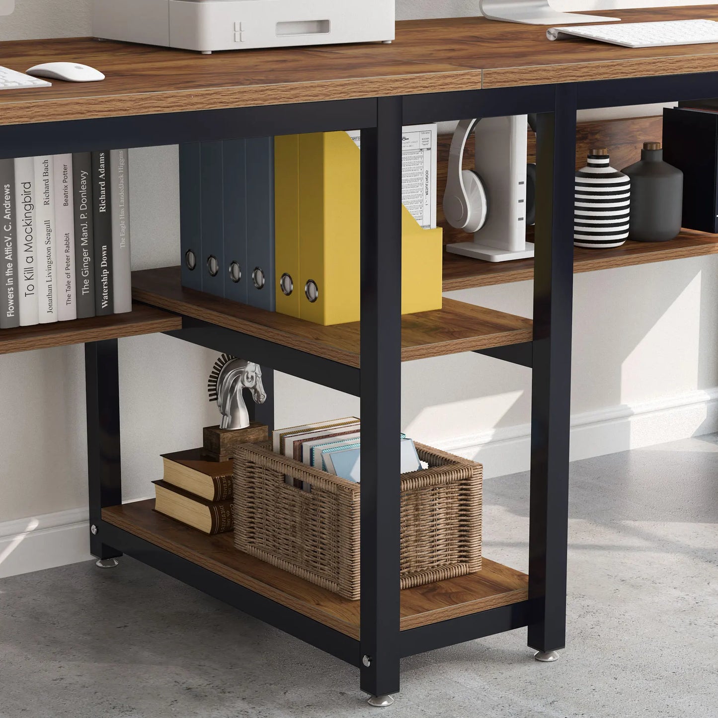 Two Person Desk with Bookshelf, 78.7" Double Computer Desk, Rustic Home Office Workstation Table | AlluCanFind