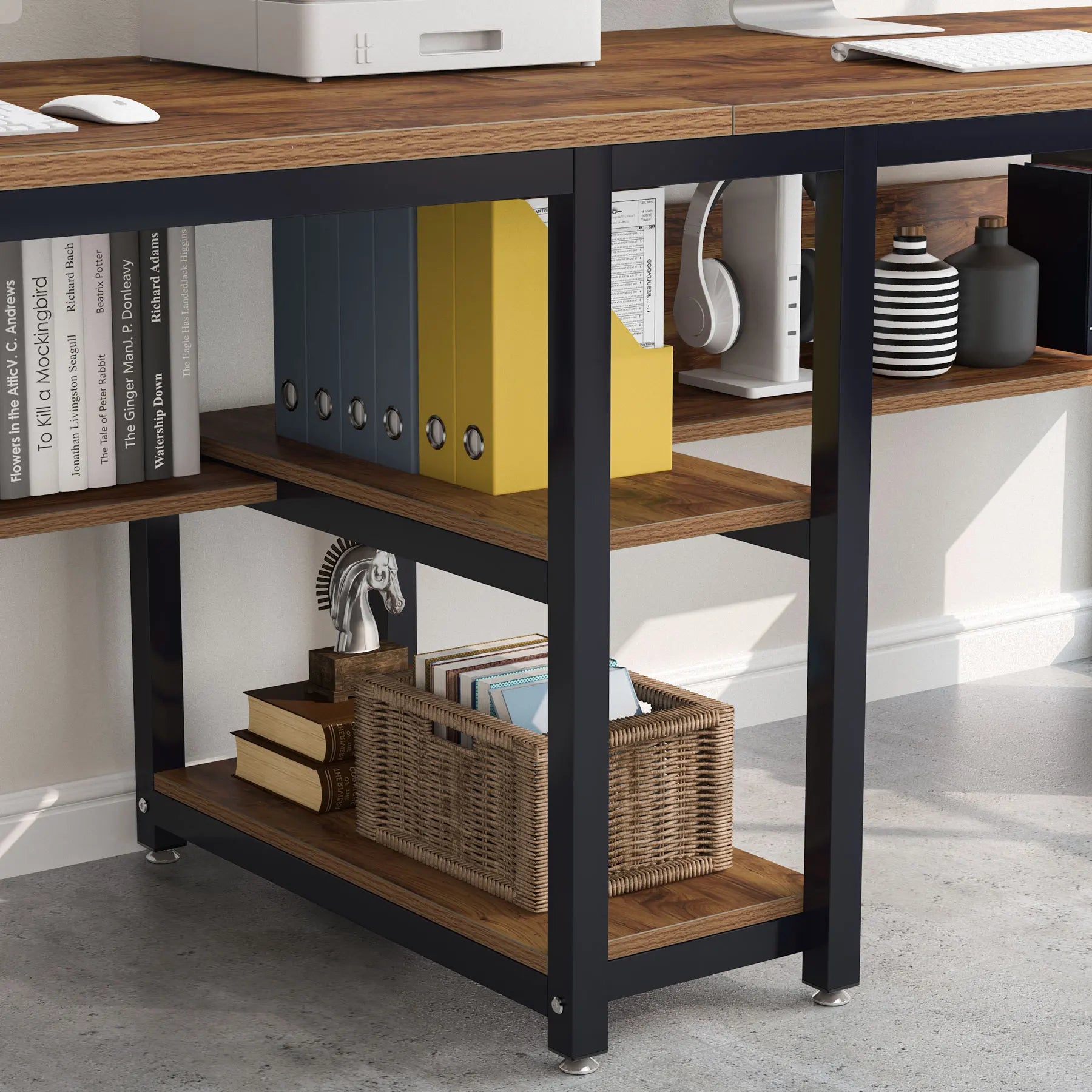 Two Person Desk with Bookshelf, 78.7" Double Computer Desk, Rustic Home Office Workstation Table | AlluCanFind