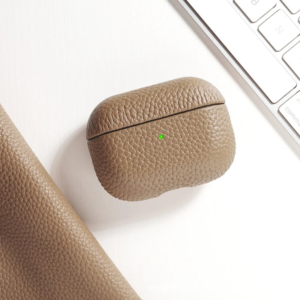 For AirPods Pro 3 Lychee Pattern Cowhide Leather Case for Airpods 4 3 2 1 Pro All-inclusive Earphone Protection Handmade Cover