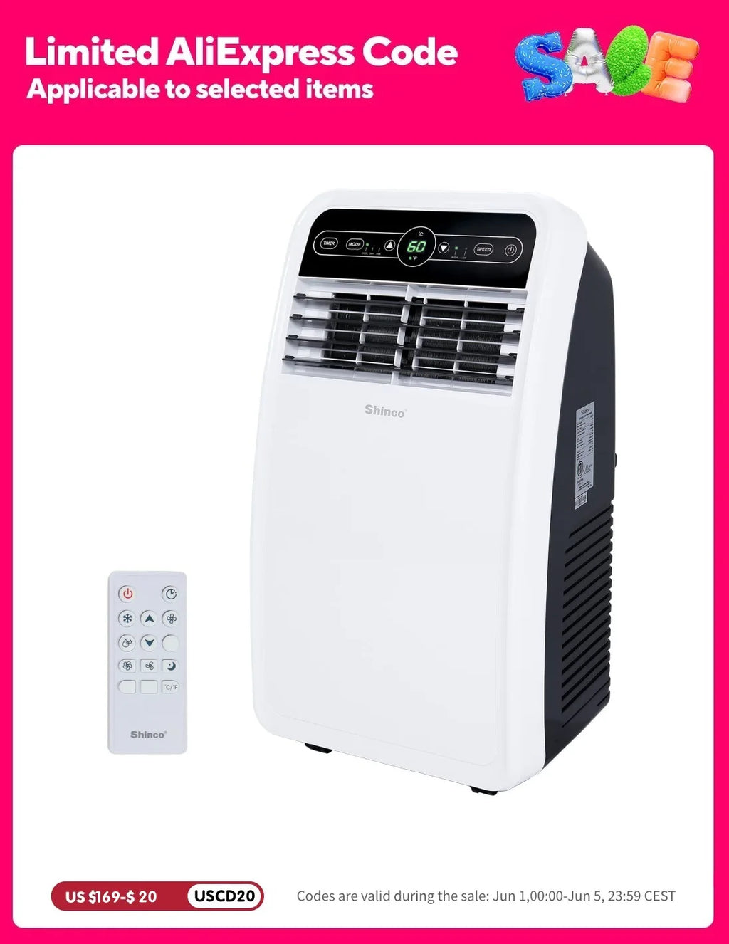 Shinco 8,000 BTU Portable Air Conditioner, AC Unit with Built-in Cool, Dehumidifier & Fan Modes for Room up to 200 sq.ft