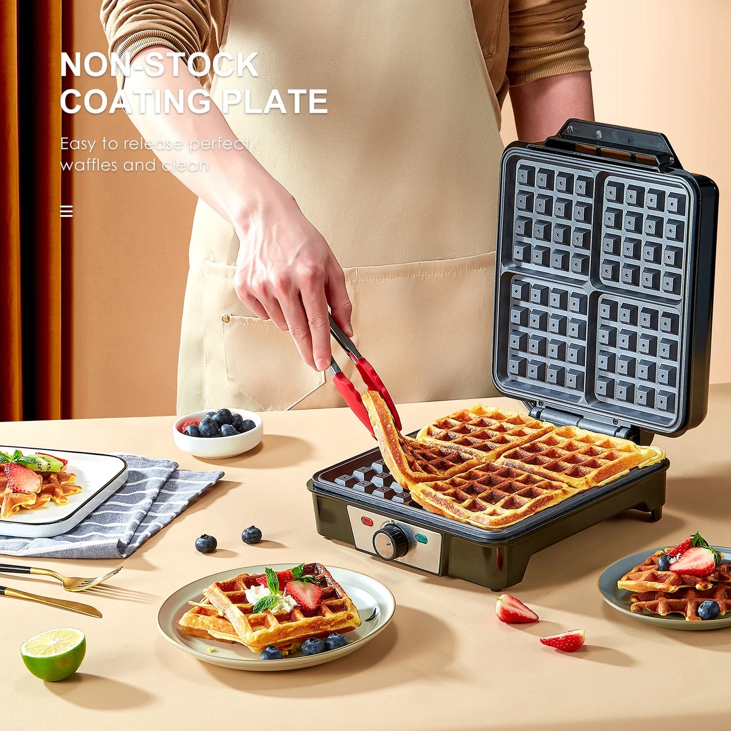 4-Slice Belgian Waffle Maker, 3 Browning Levels with Nonstick Square Waffler Iron Plates, 1200 Watts, Compact Design