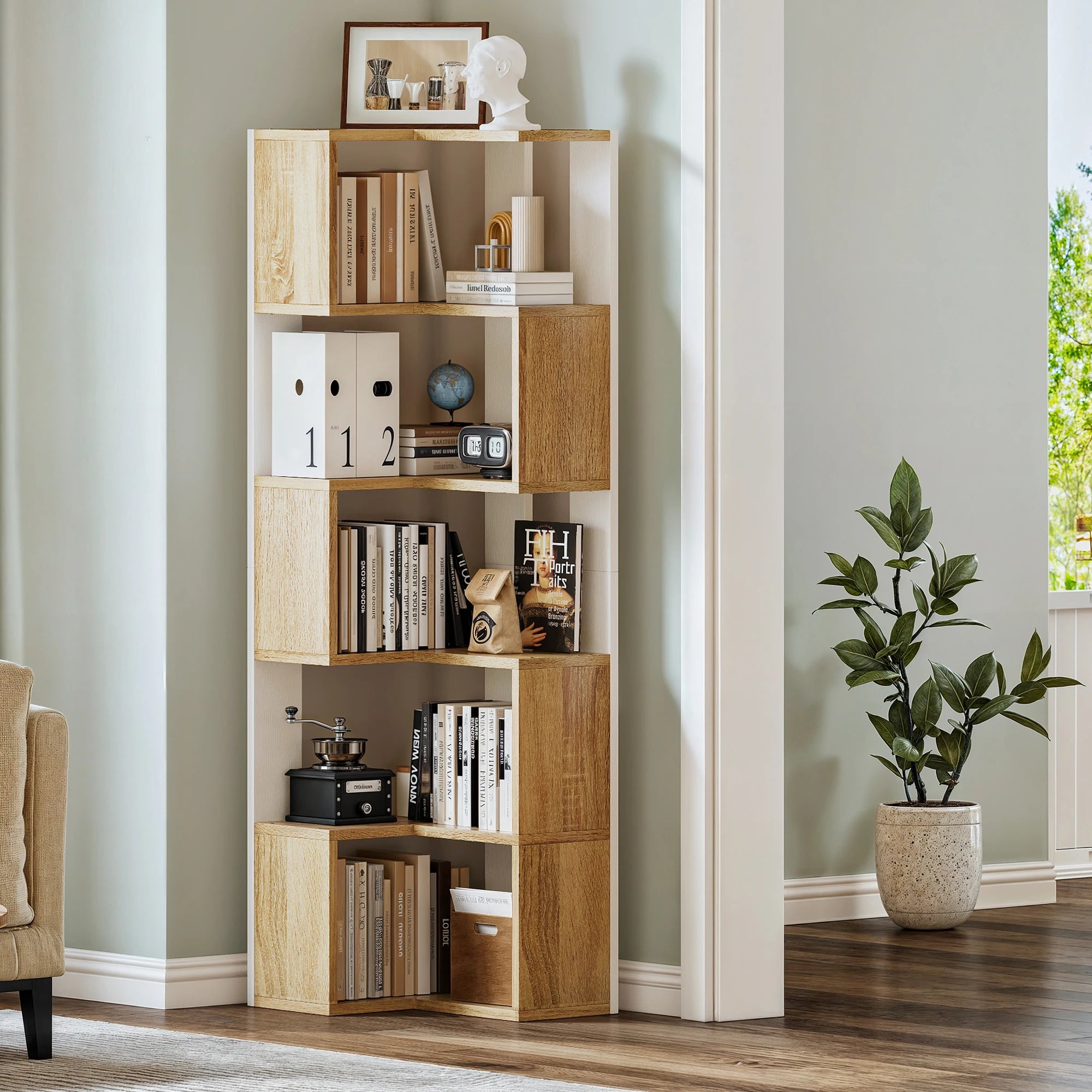 YITAHOME Wooden 5-Tier Corner Bookcase - Floor Standing Display Shelf for Living Room Office, 54x40x159.5cm