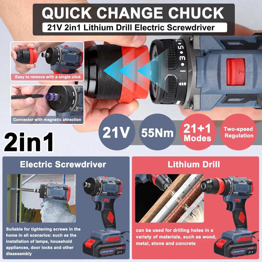 21V 2in1 Lithium Drill Electric Screwdriver Power Tool 55Nm Torque Brushless Motor Practical Screw Driver for Home Appliances