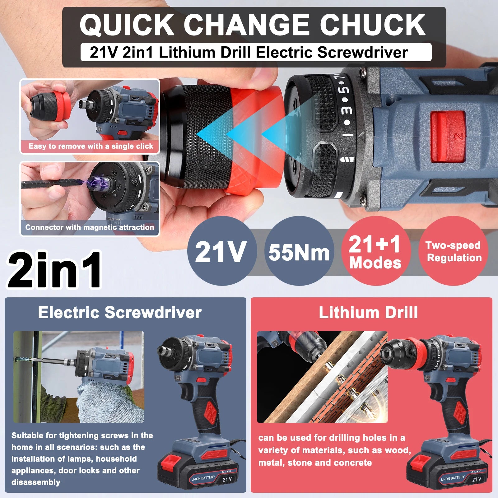 21V 2in1 Lithium Drill Electric Screwdriver Power Tool 55Nm Torque Brushless Motor Practical Screw Driver for Home Appliances