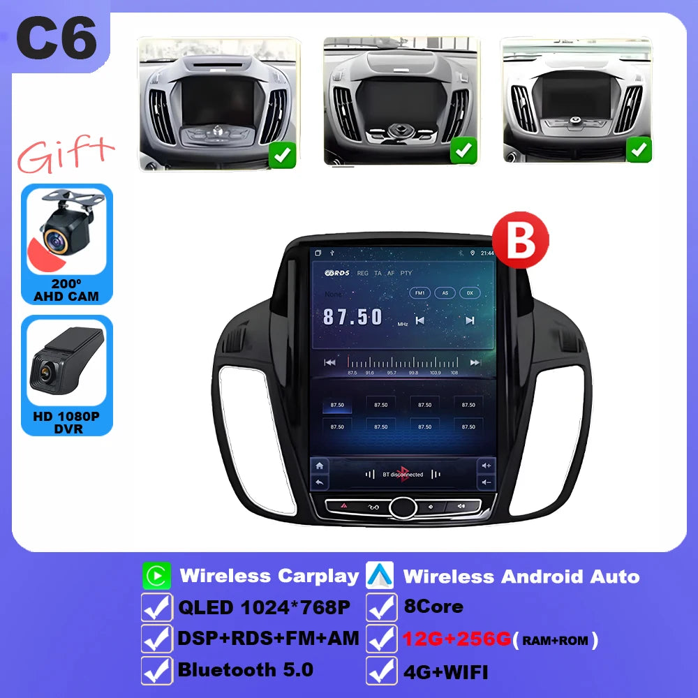 Wireless Android 15 Carplay For Ford Kuga 2 Escape 3 2012-2019 9.7 Inch Tesla Style Car Multimedia Player 5G Wifi Touch Display