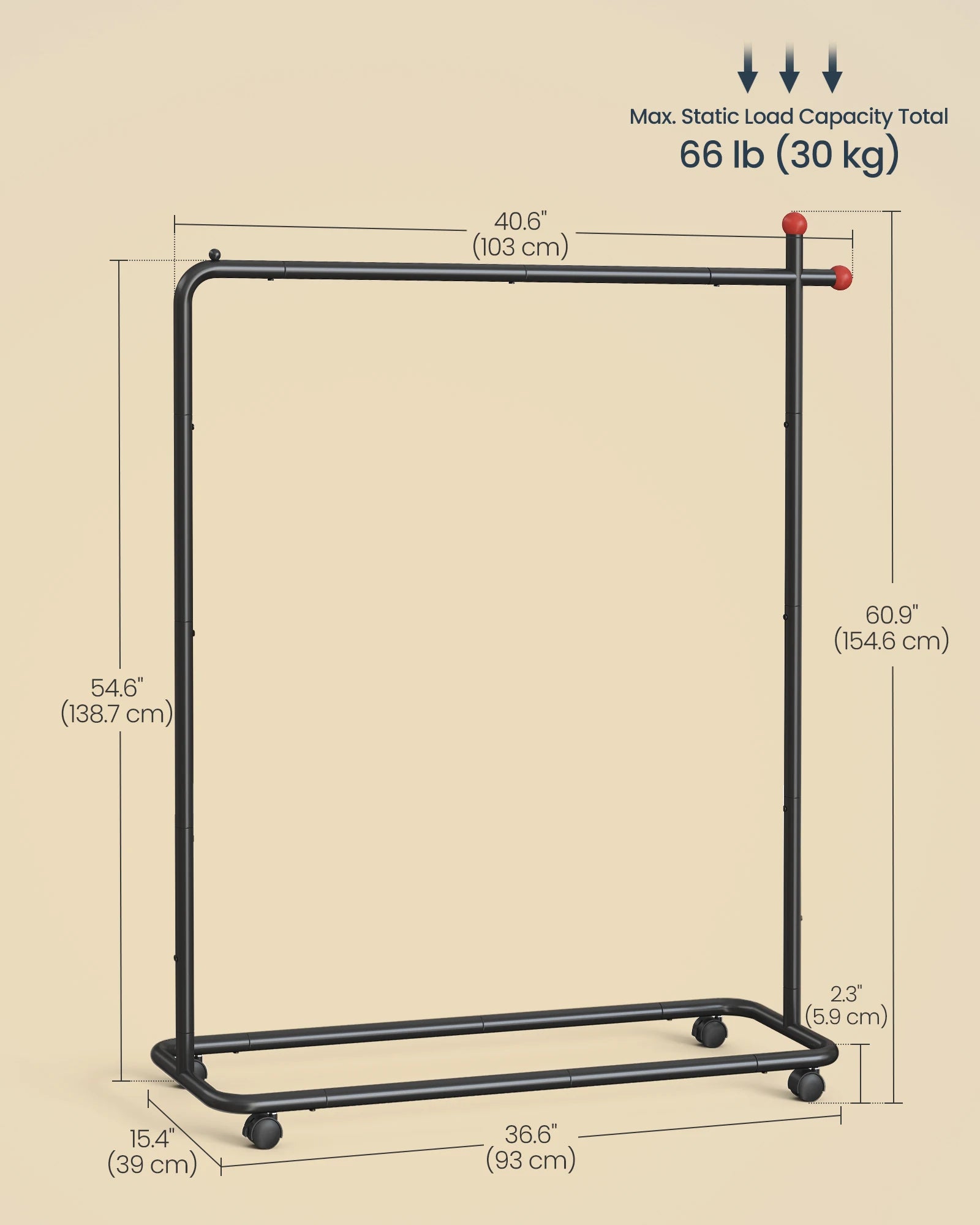 SONGMICS HOME Clothes Rack, Clothing Rack on Wheels, Portable Garment Rack, with 1 Clothes Hanging Rail, Matchstick-Shaped Hooks