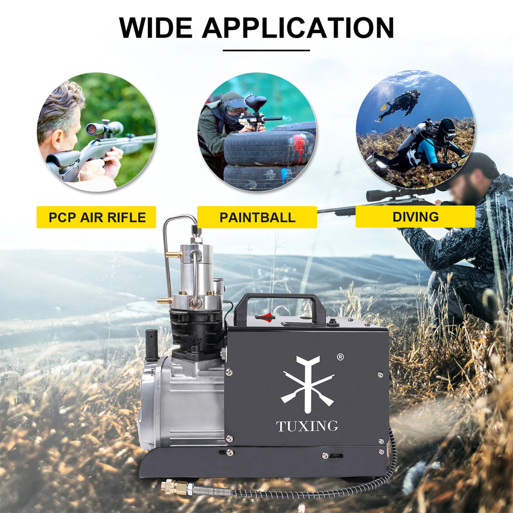 TUXING TXES022 300Bar PCP Compressor Electric 4500Psi High Pressure Air Compressor Auto Stop for PCP Scuba Diving Tank Rifle