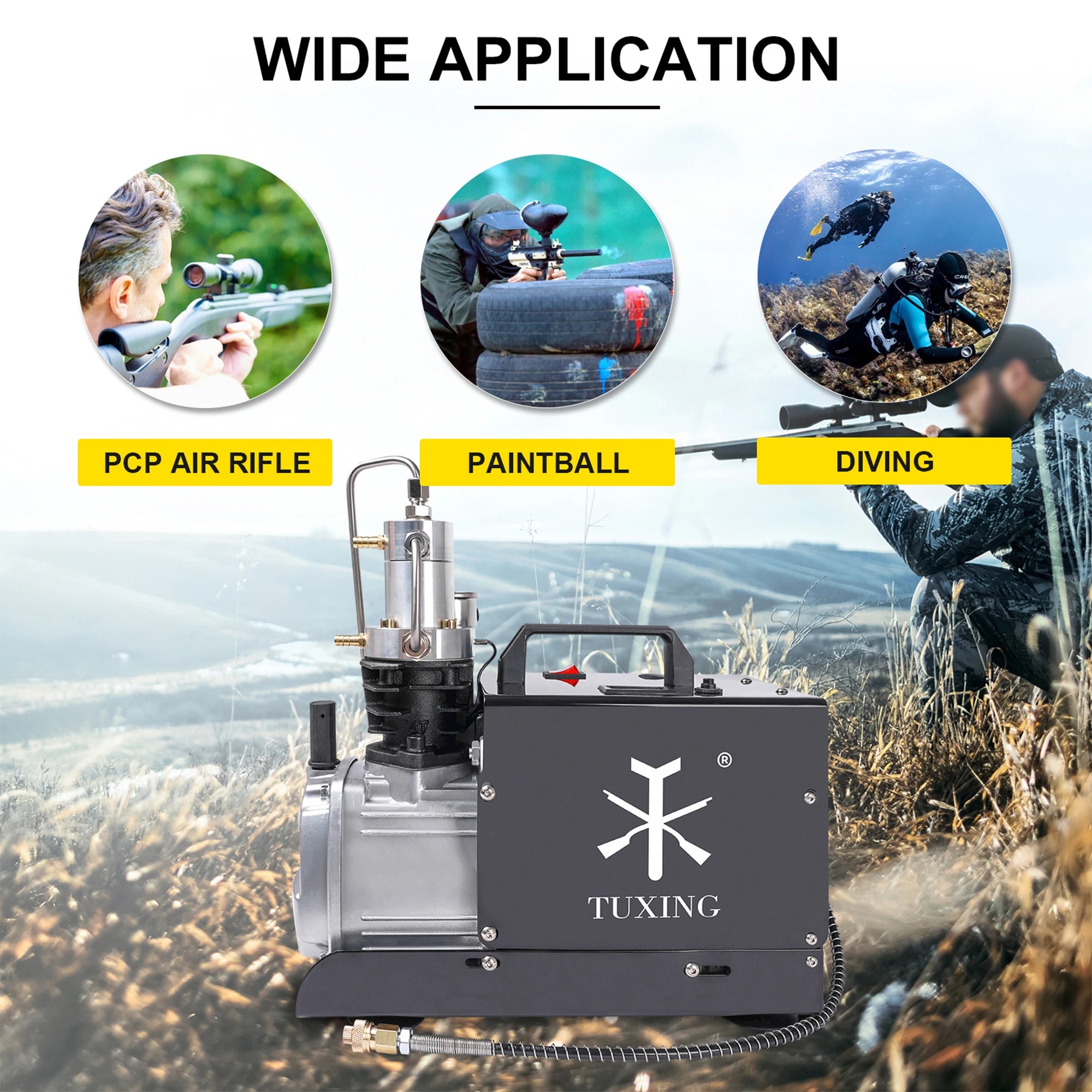 TUXING TXES022 300Bar PCP Compressor Electric 4500Psi High Pressure Air Compressor Auto Stop for PCP Scuba Diving Tank Rifle