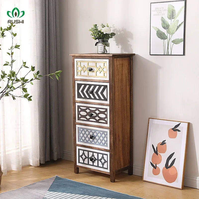 Solid Wood Multi-Layer Drawer Storage Cabinet Living Room Retro Simple Storage Side Cabinet Combination Organizing Cabinet