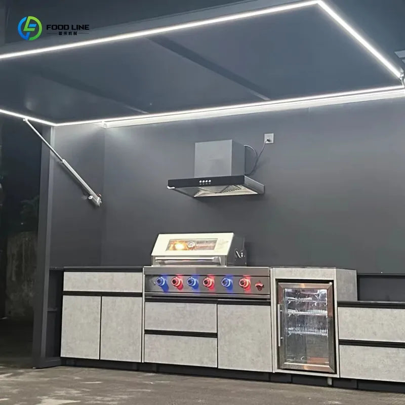 Customized luxury one-stop outdoor grill kitchen with refrigerator, sink, lockers and retractable doorway
