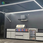 Customized luxury one-stop outdoor grill kitchen with refrigerator, sink, lockers and retractable doorway