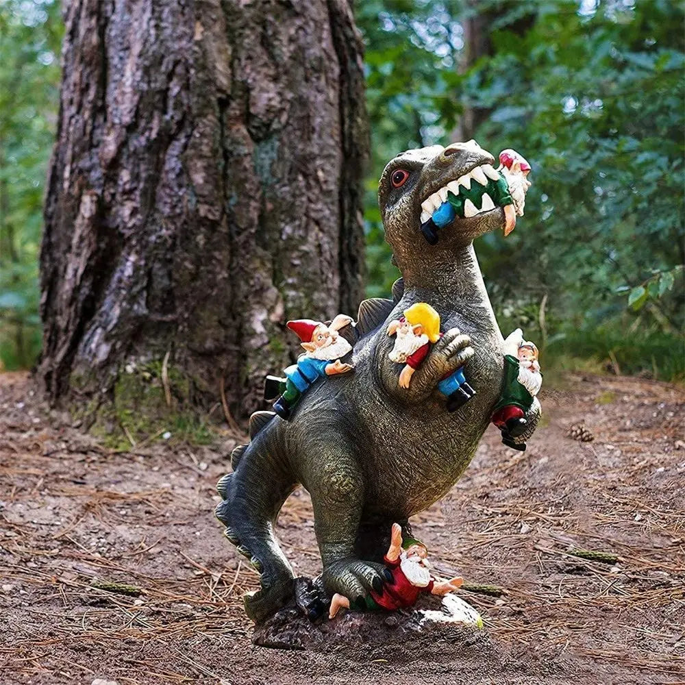 Garden Dinosaur Eating Gnome Statues Funny Resin Figurines Outdoor Sculpture Decor for Garden Patio Lawn Yard Ornament Decor