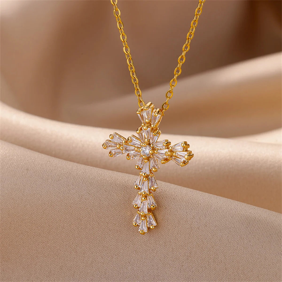 Luxury Zirconia Cross Pendant Necklace - Stainless Steel Crystal Chain for Women | AlluCanFind