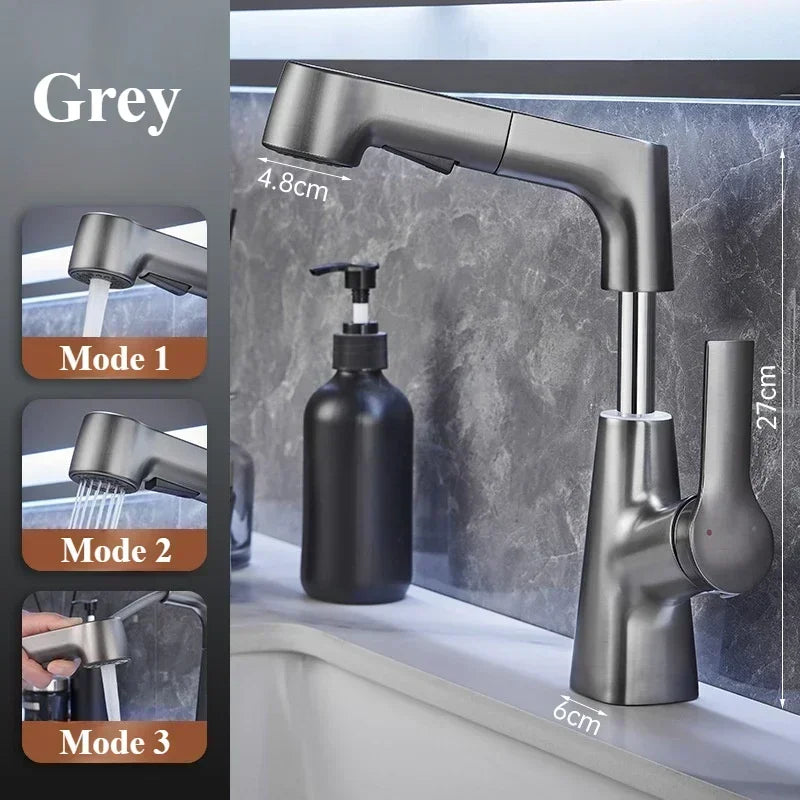 Bathroom Sink Faucet Lift Up Down Stream Sprayer Hot Cold Water Sink Mixer Wash Tap For Bathroom 360° Degree Rotation Tap
