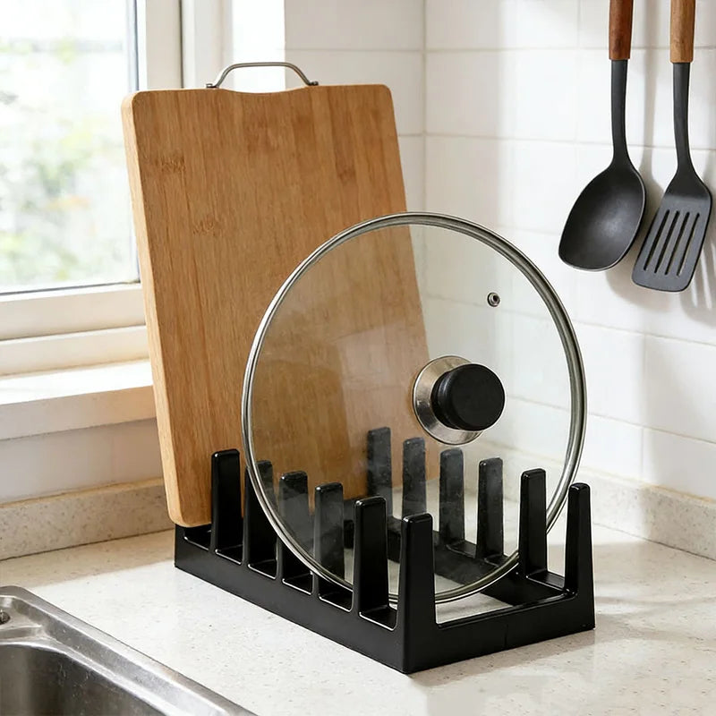 6-Grid Pot Lid Organizer Rack Space-Saving Kitchen Cookware Organizer Dish Cutlery Drain Rack Desktop Plastic Bookshelf