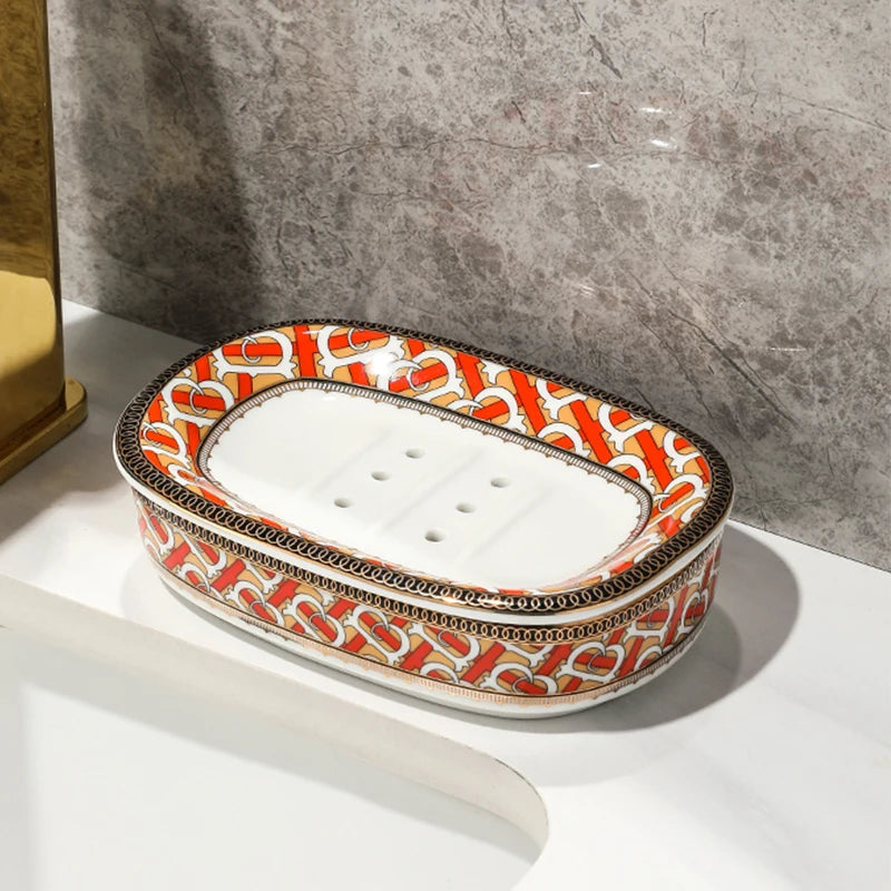Nordic Home And Hotel Gold Inlay Double Layer Soap Holder Bathroom Ceramic Soap Dish With Drain Porte Savon держатель для мыла
