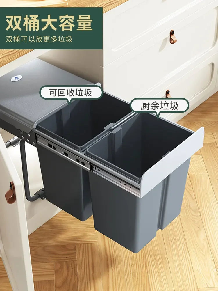 Kitchen embedded trash can cabinet food waste double bucket classification household with lid pull basket hidden cleaning bucket