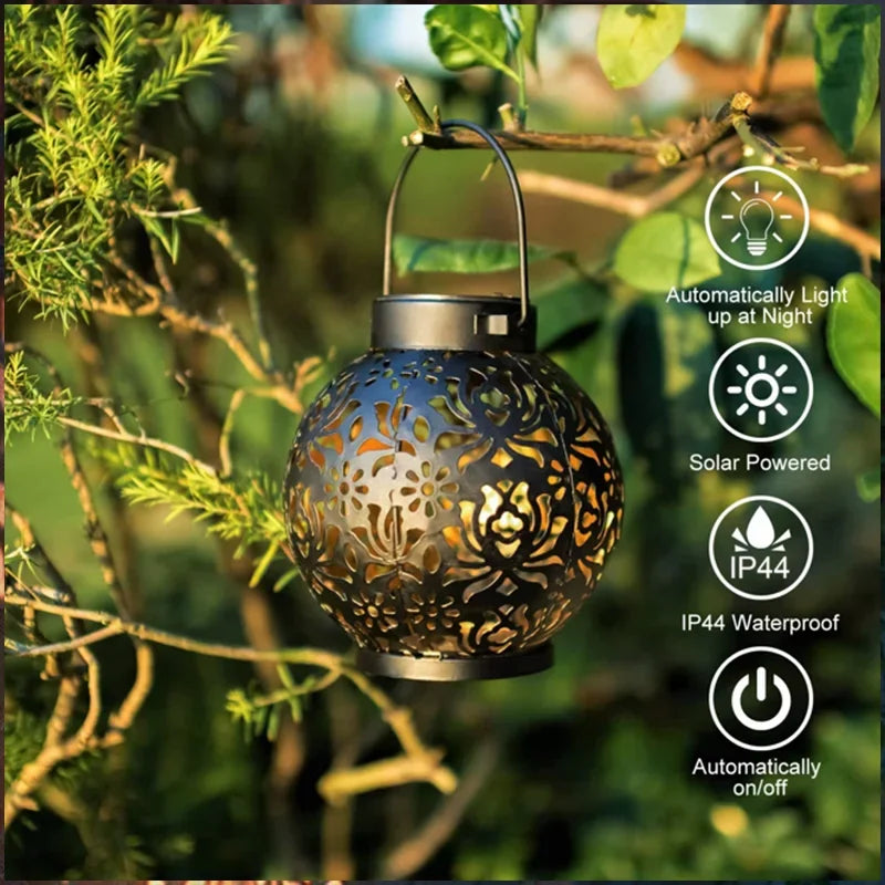 Solar Powered Hollow Ball Garden Light Waterproof Iron Metal Pendant Landscape Projection Hanging Decor for Outdoor Garden Decor