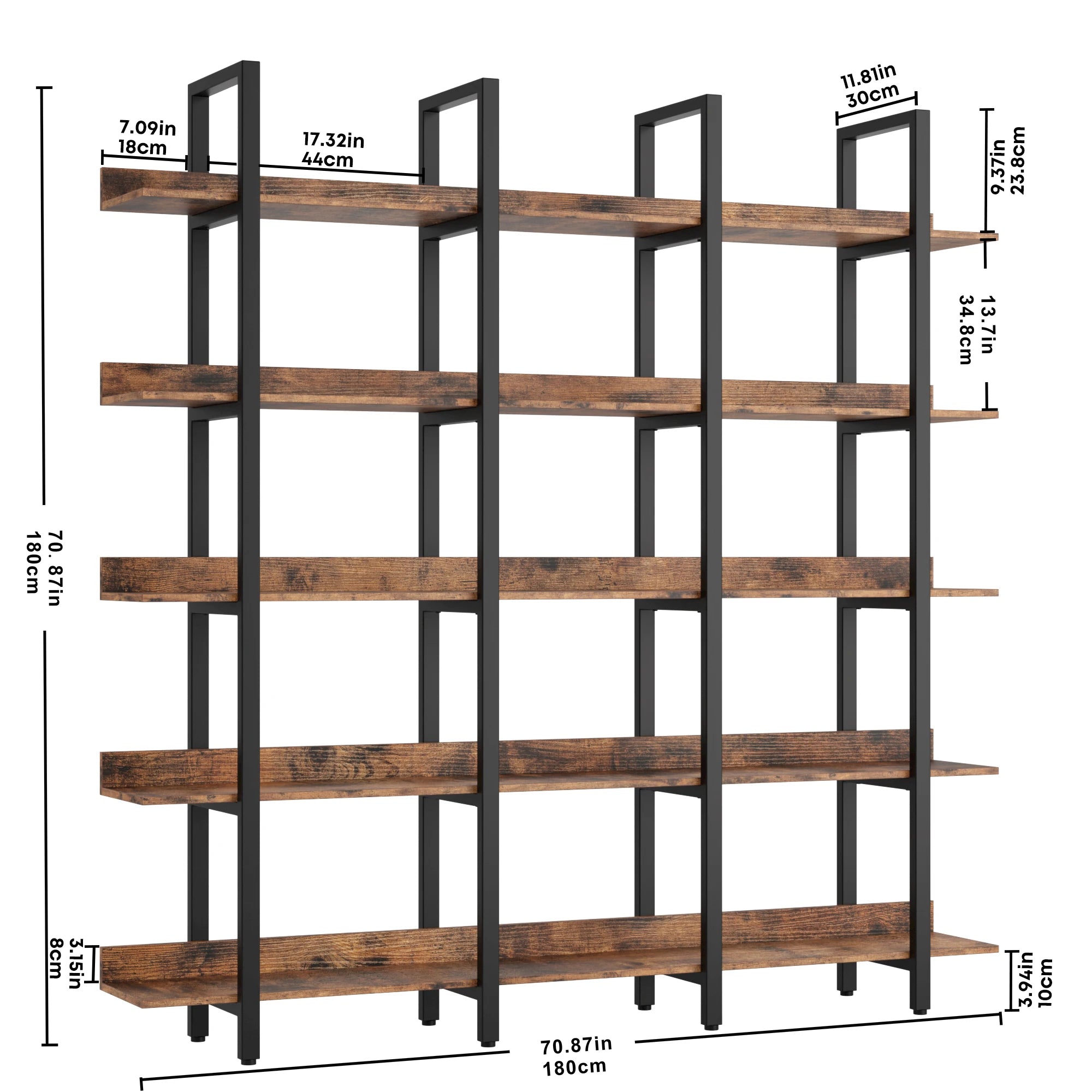 IRONCK Bookcase and Bookshelves Triple Wide 6-Tiers Large Open Shelves, Etagere Bookcases with Back Fence for Home Office Brown