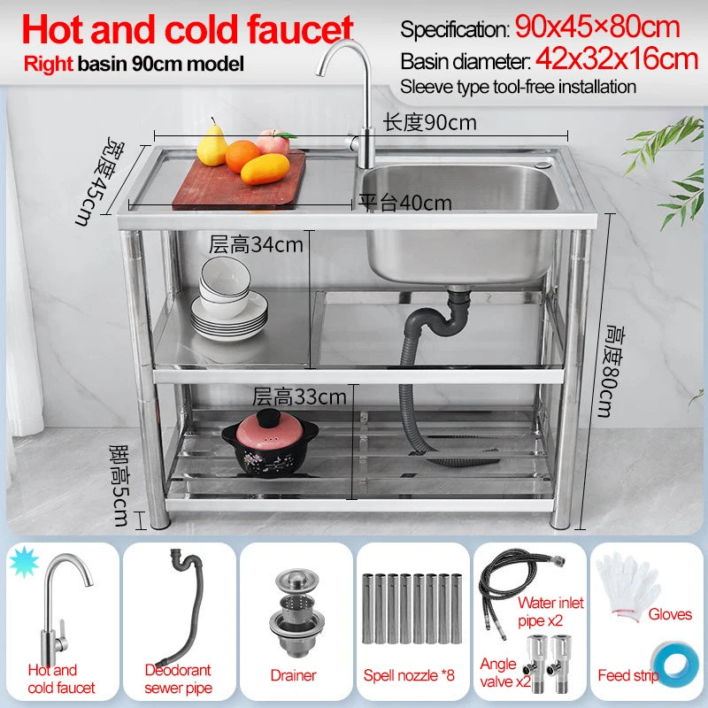 Stainless Steel Sink Kitchen Household Thickened Single Trough with Bracket Wash Basin Sink with Platform Easy Landing