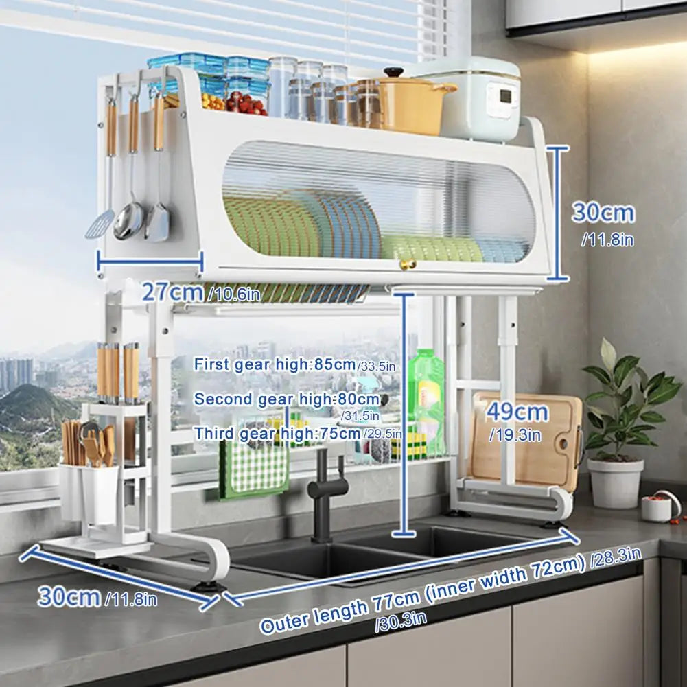 Over Sink Dish Rack Adjustable Height Sink Rack with Tableware Holder Hooks Chopping Board Holder Kitchen Storage for Drying