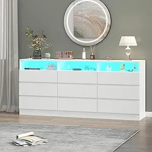 6 Drawer Double Dresser with Power Outlet, Accent Chests of Drawers with LED Light, Modern White Storage Dresser with Charging S