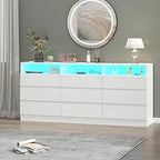 6 Drawer Double Dresser with Power Outlet, Accent Chests of Drawers with LED Light, Modern White Storage Dresser with Charging S