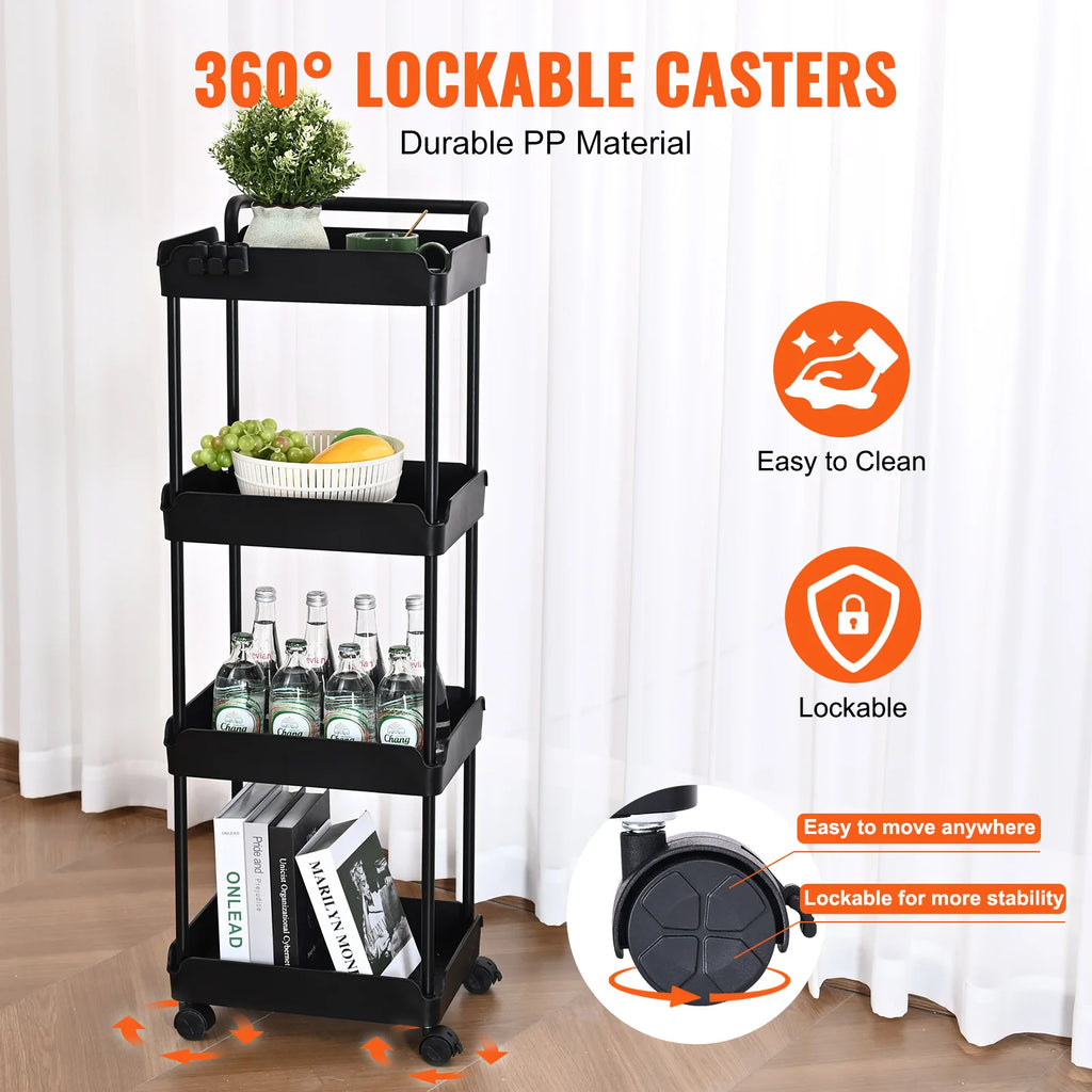VEVOR 4-Tier Rolling Utility Cart Kitchen Organizer Shelves with Wheels Storage Trolley for Office Living Room Clearance Sale