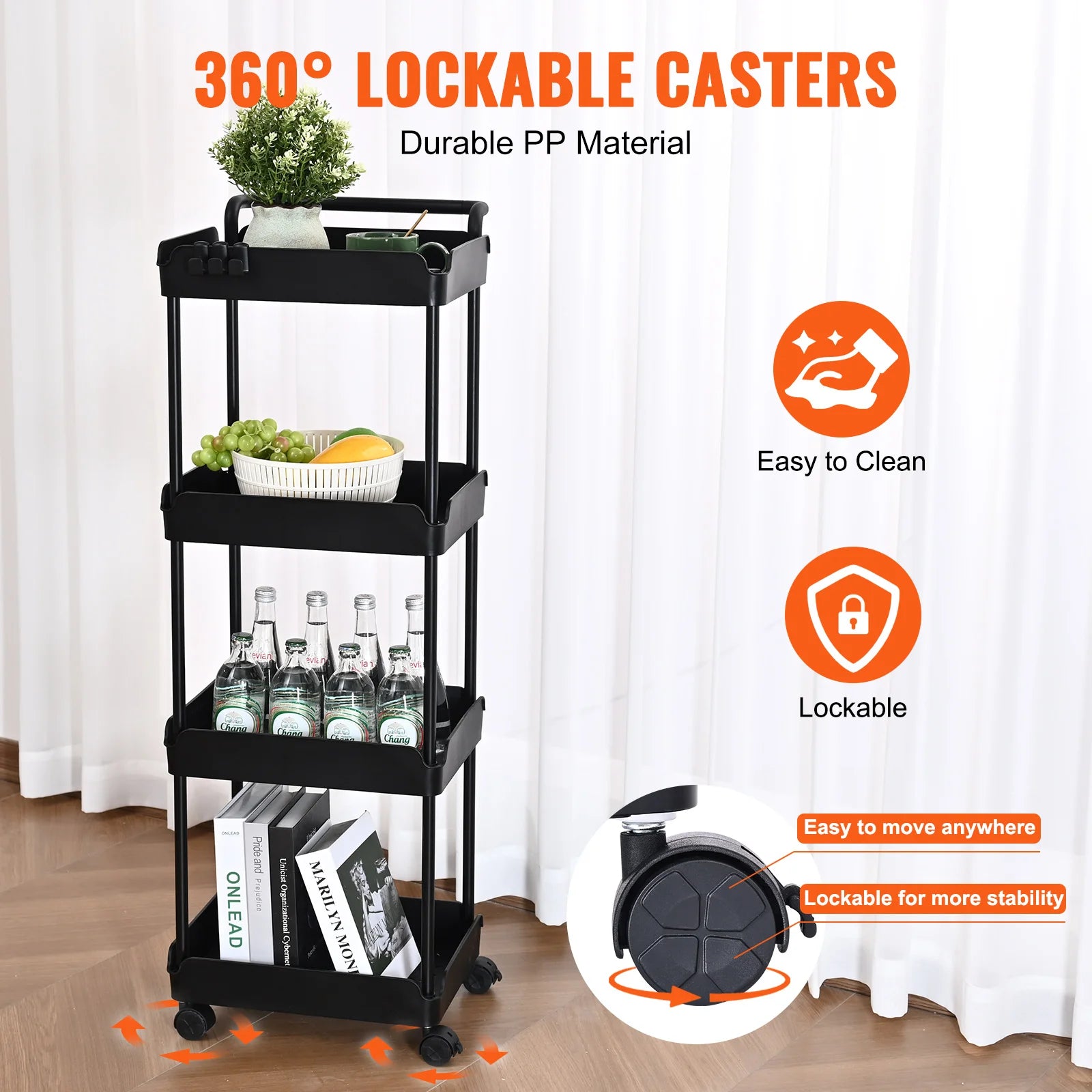 VEVOR 4-Tier Rolling Utility Cart Kitchen Organizer Shelves with Wheels Storage Trolley for Office Living Room Clearance Sale