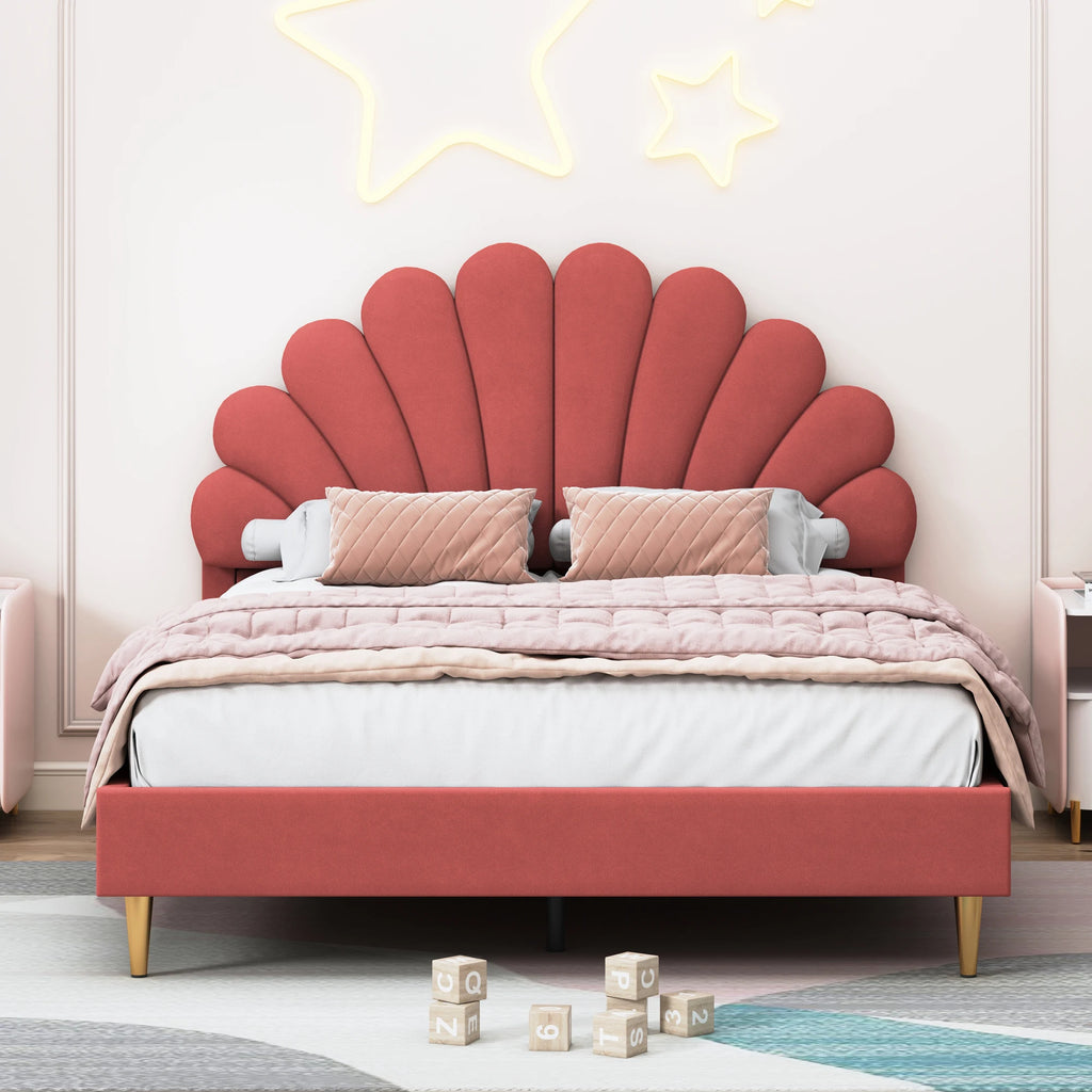 Double bed 140x200 cm, upholstered bed with flower-shaped headboard and slatted frame, stable bed frame, children's bed