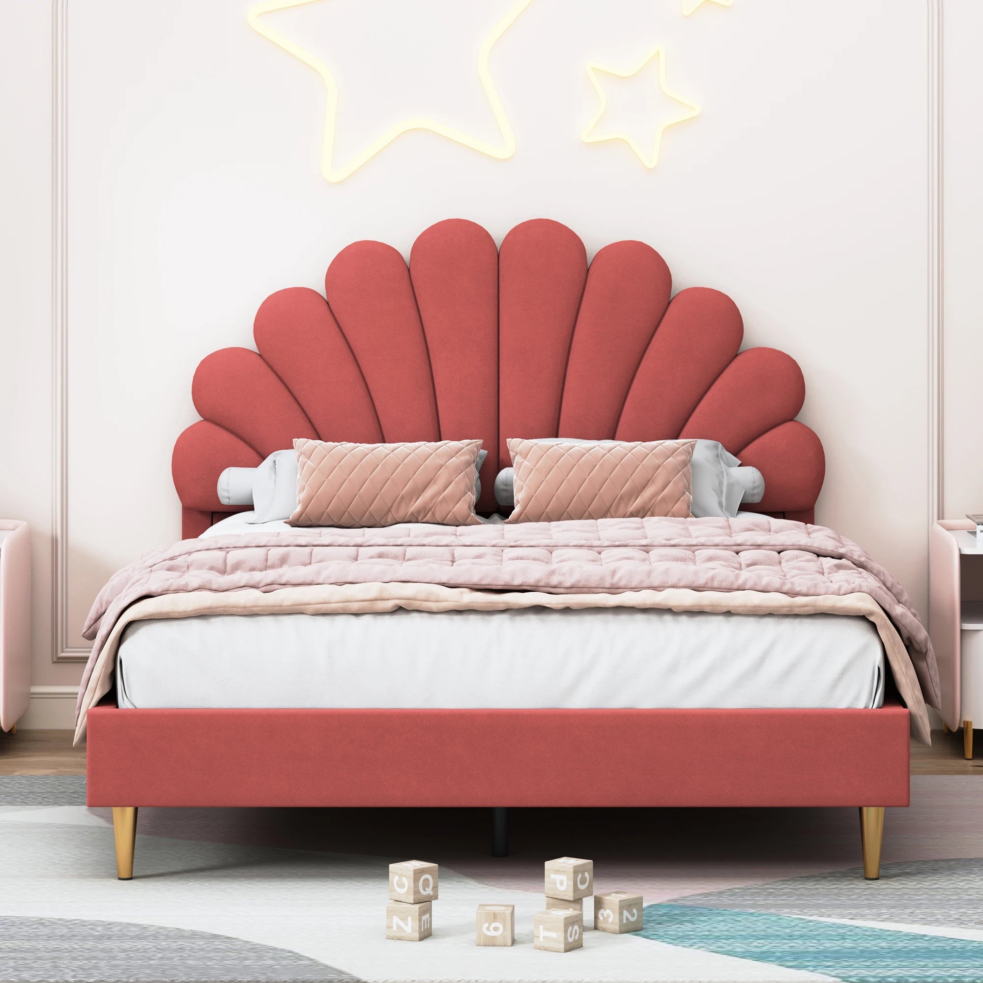 Double bed 140x200 cm, upholstered bed with flower-shaped headboard and slatted frame, stable bed frame, children's bed