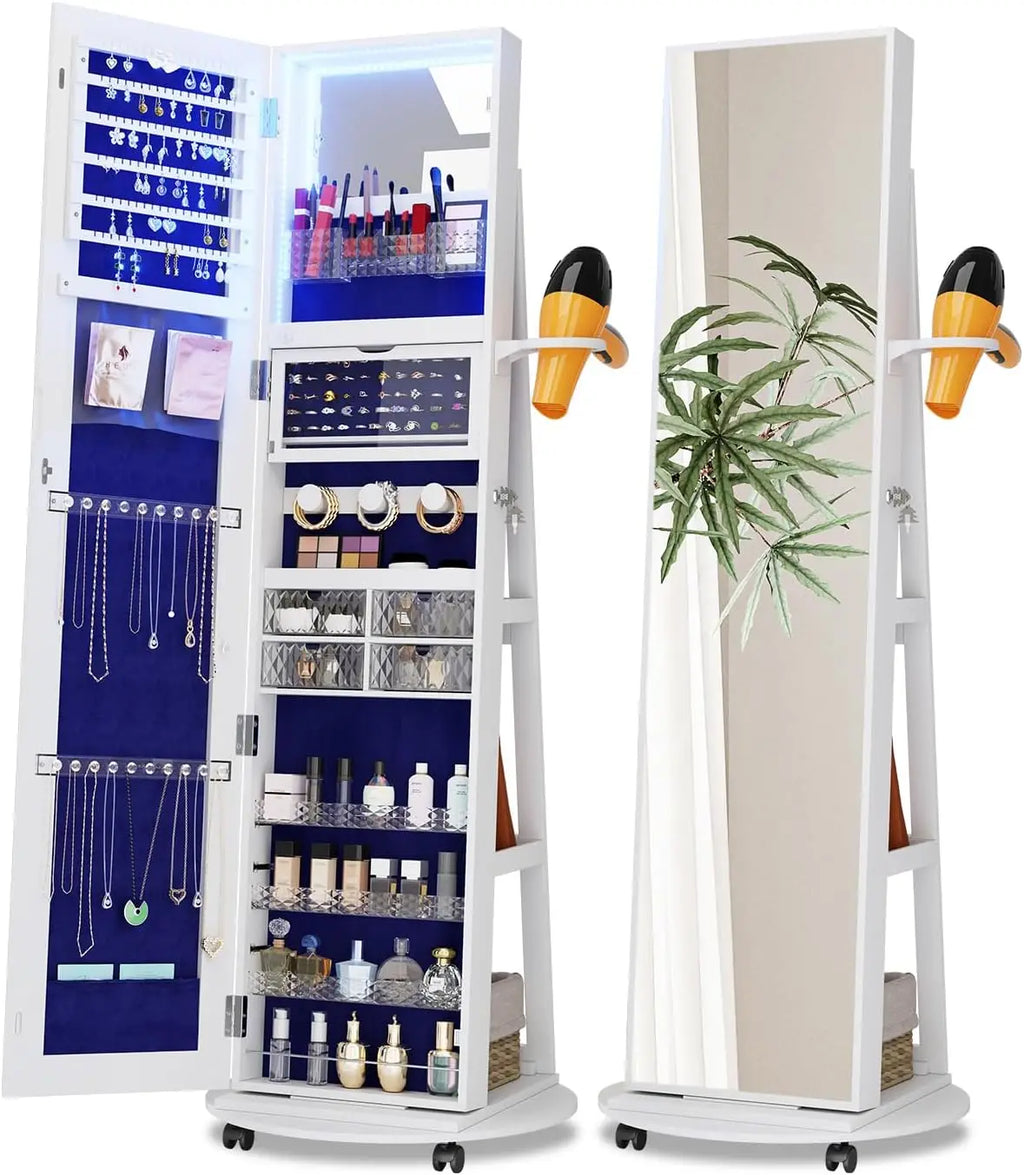 LED Mirror Jewelry Cabinet Standing - 360°Swivel Jewelry Armoire with Full Length Mirror, Mirror with Jewelry Storage and Large