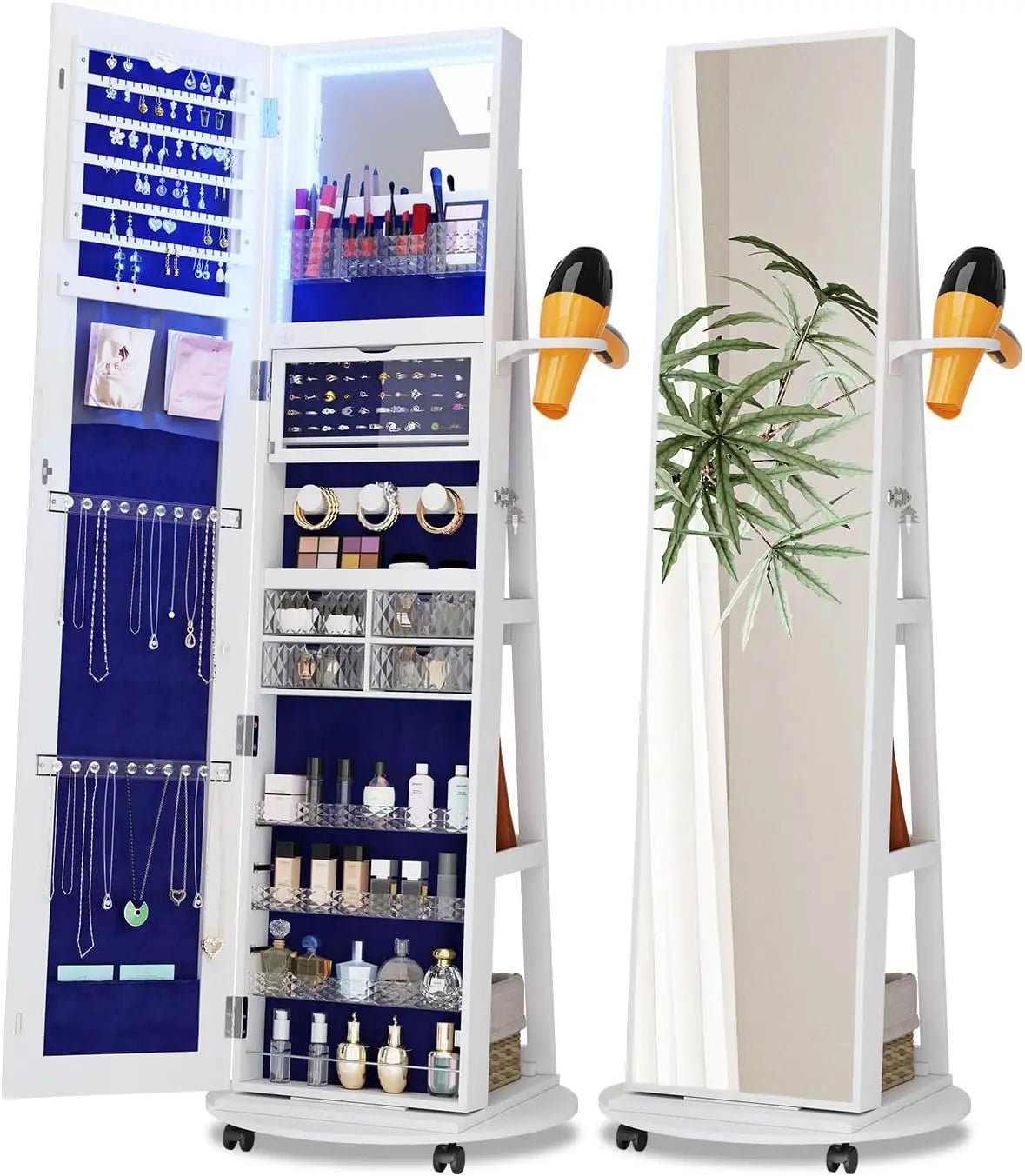 LED Mirror Jewelry Cabinet Standing - 360°Swivel Jewelry Armoire with Full Length Mirror, Mirror with Jewelry Storage and Large