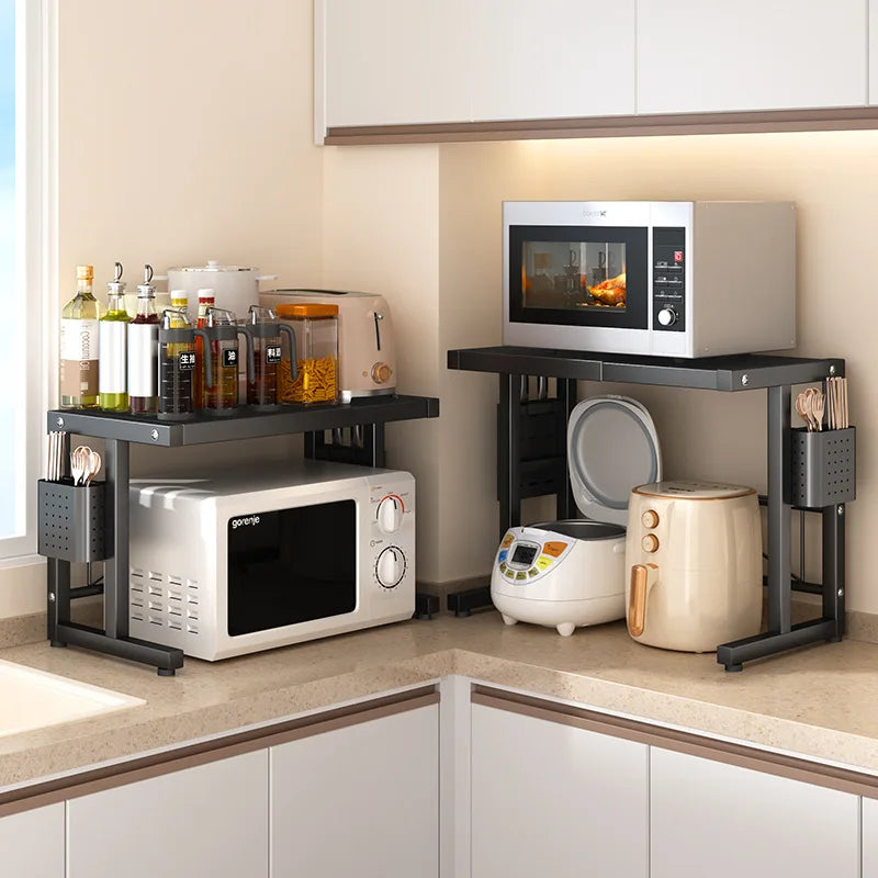 Expandable Kitchen Microwave Stand Double-Layer Countertop Organizer Rice Cooker Storage Rack Cabinet Placement Shelf