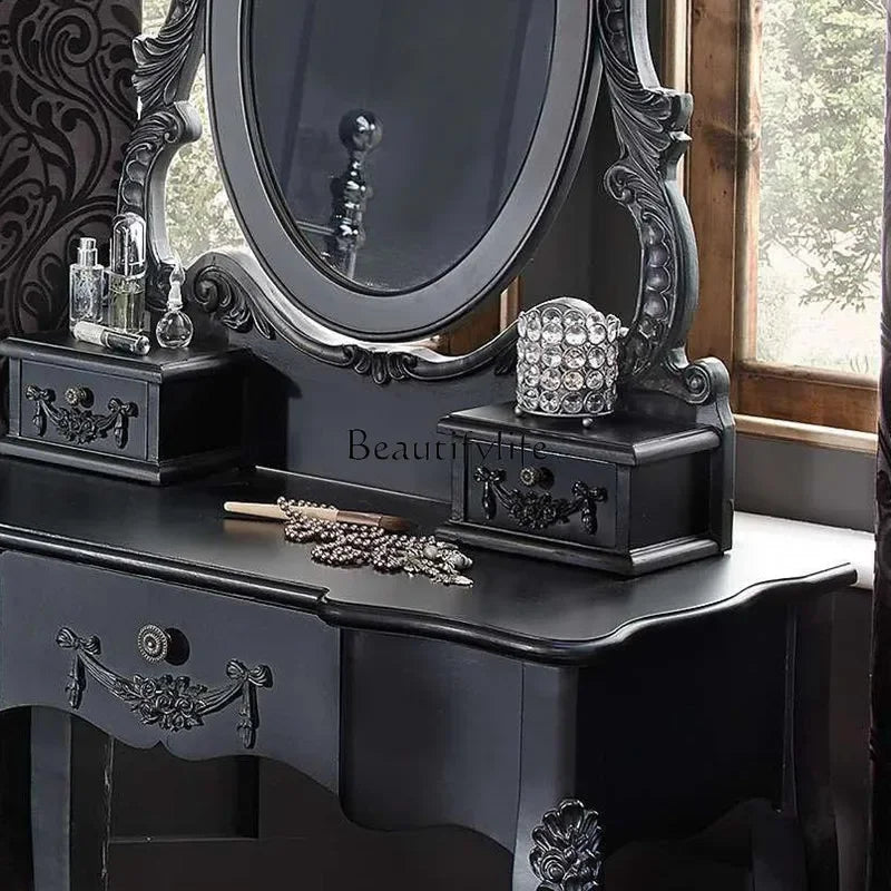 *retro dresser classic black solid wood bedroom princess makeup table American light luxury engraving