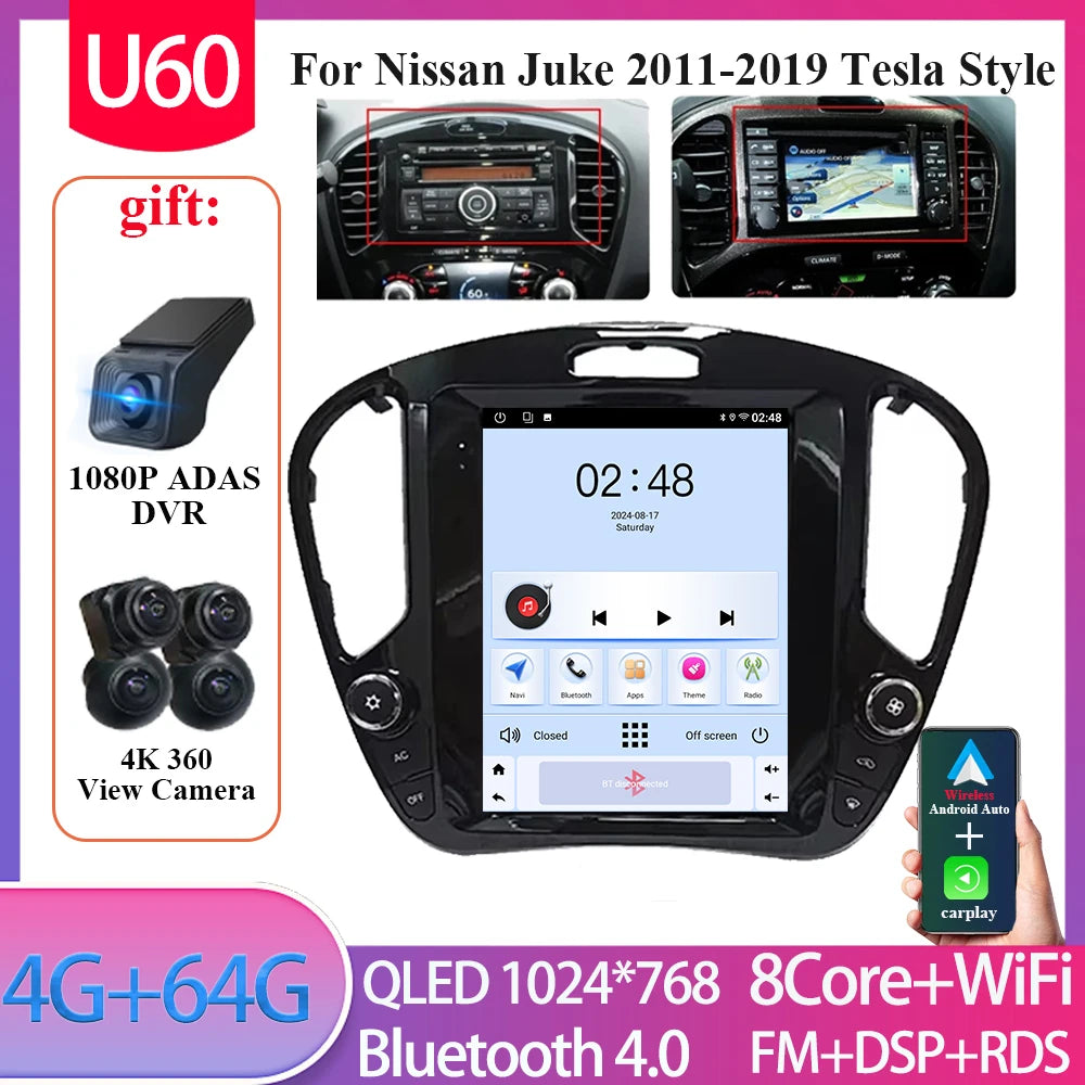 For Nissan Juke 2011-2019 tereo Head Unit  9.7'' Wireless Carplay Android 15 Auto Radio Seat Cover Multimedia Player Navigation