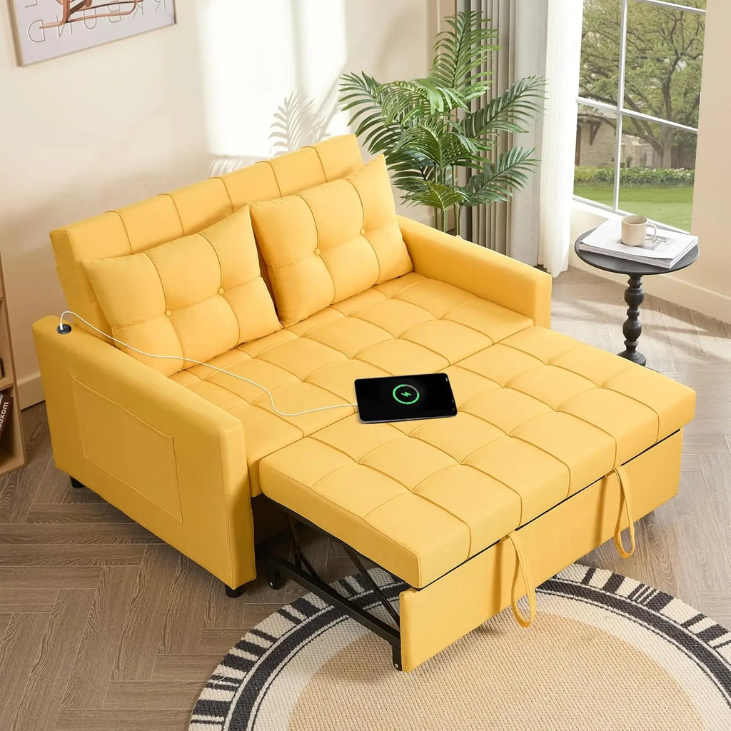 52" Sleeper Sofa with Pull-Out Bed, 3-in-1 Convertible Sofa Bed, Loveseat with Stepless Adjustable Backrest and Side Pocket