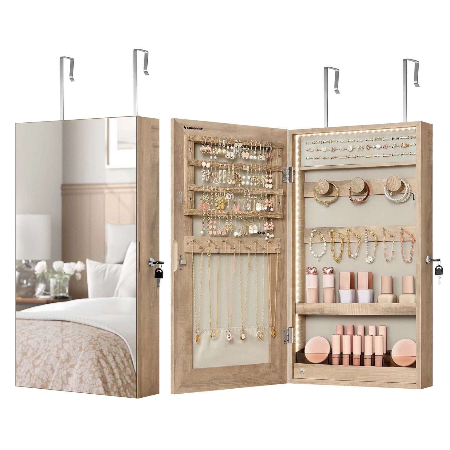 SONGMICS Mirror Jewelry Cabinet Armoire with Built-in LED Lights, Wall or Door Mounted Jewelry Storage Organizer