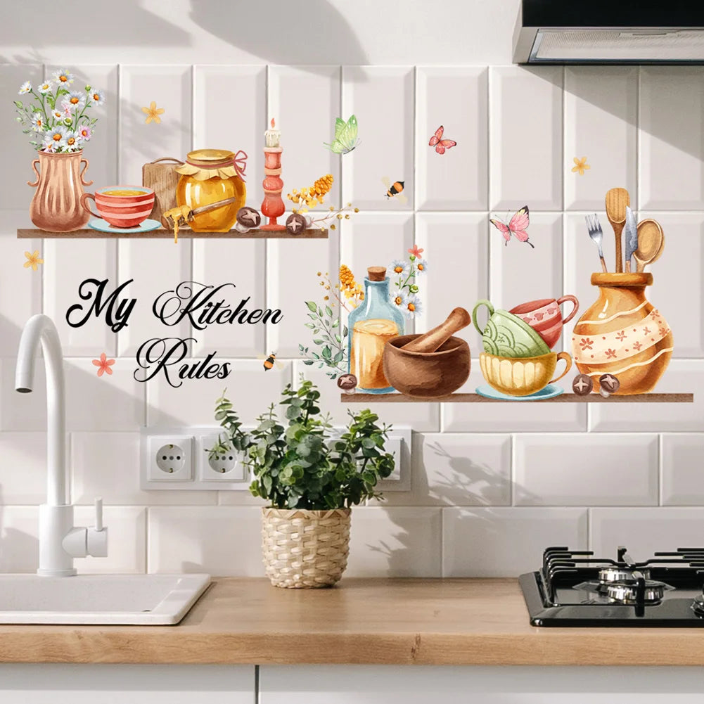 Cartoon Kitchen Utensils Pattern Wall Sticker For Kitchen Background Decoration Mural Restaurant Home Decor Self-adhesive Decals