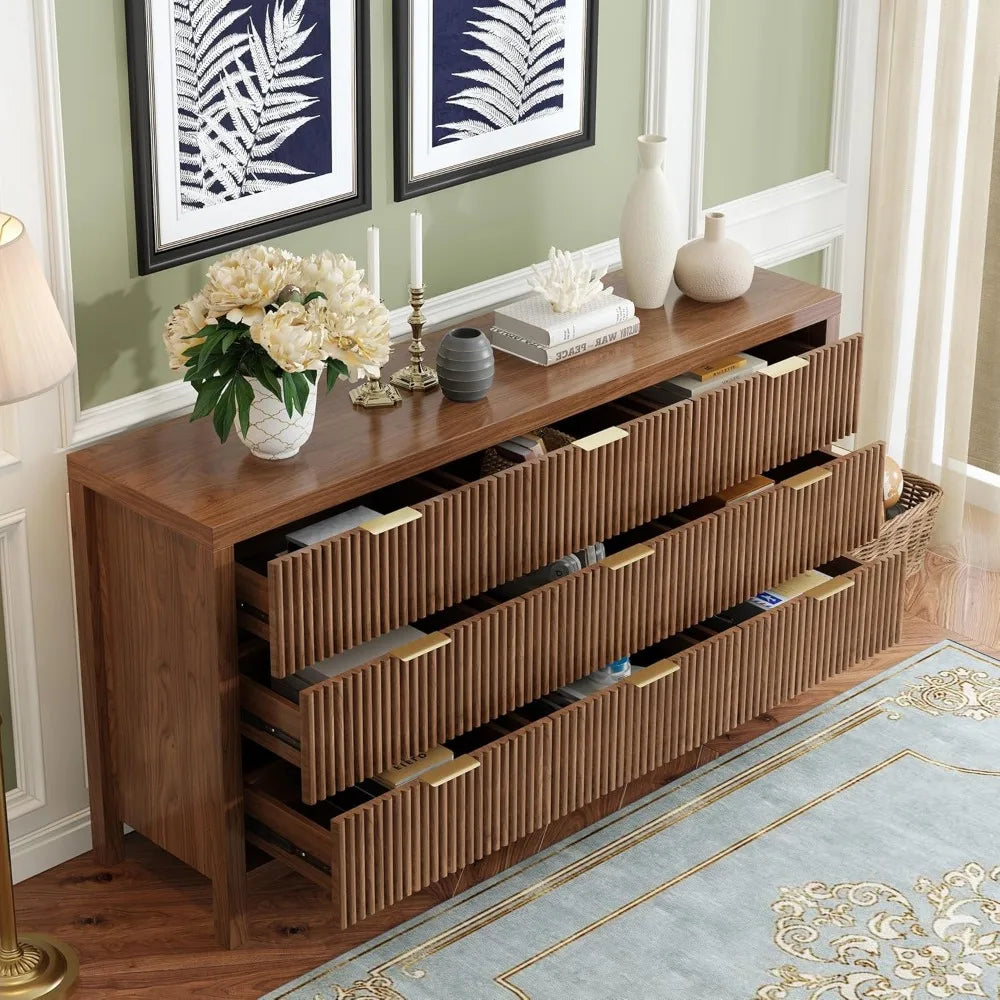 9 Drawers, Modern Large Chest Mid Century Modern Dresser TV Stand, Storage Organizer Dresser with Solid Natural Wood Legs for Be